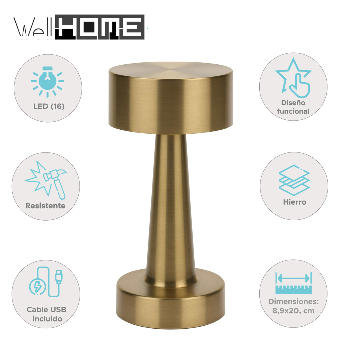 Lámpara de mesa recargable oro 16 luces LED 3 modos Ø8,9x20,9cm (2)
