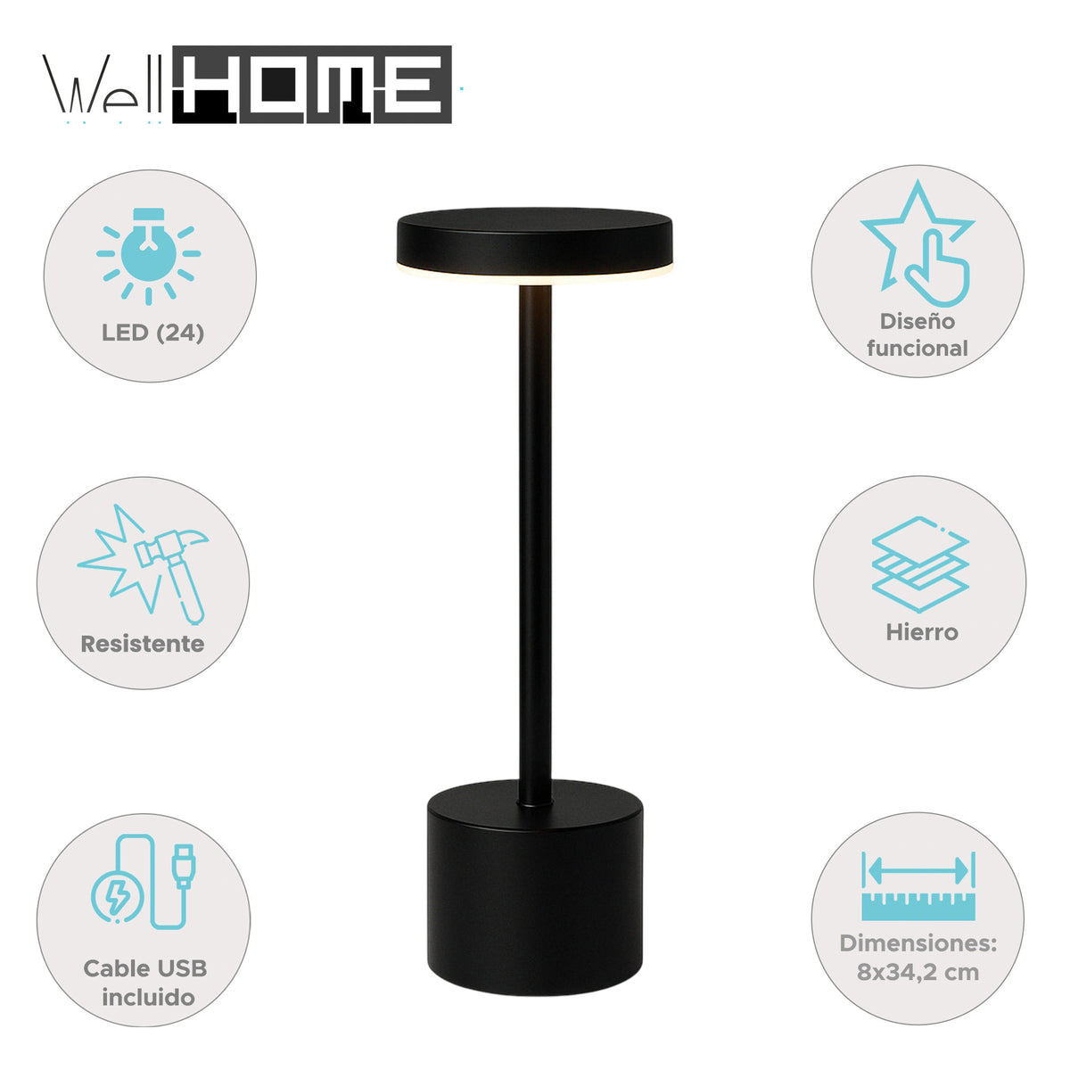 Lámpara de mesa LED negra 24 luces 3 modos iluminación Ø8x34cm (2)