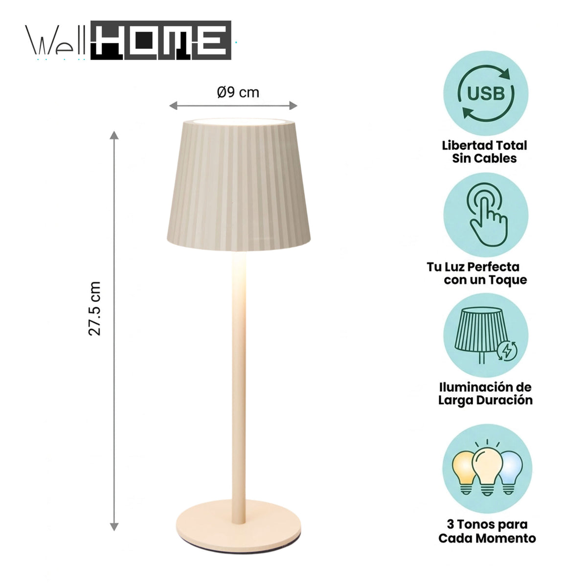 Lámpara de mesa LED recargable crema 3 niveles brillo Ø9x27,5cm (2)