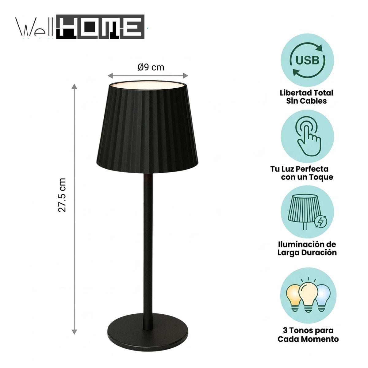 Lámpara de mesa LED recargable negra 24 luces 3 niveles Ø9x27,5cm (2)