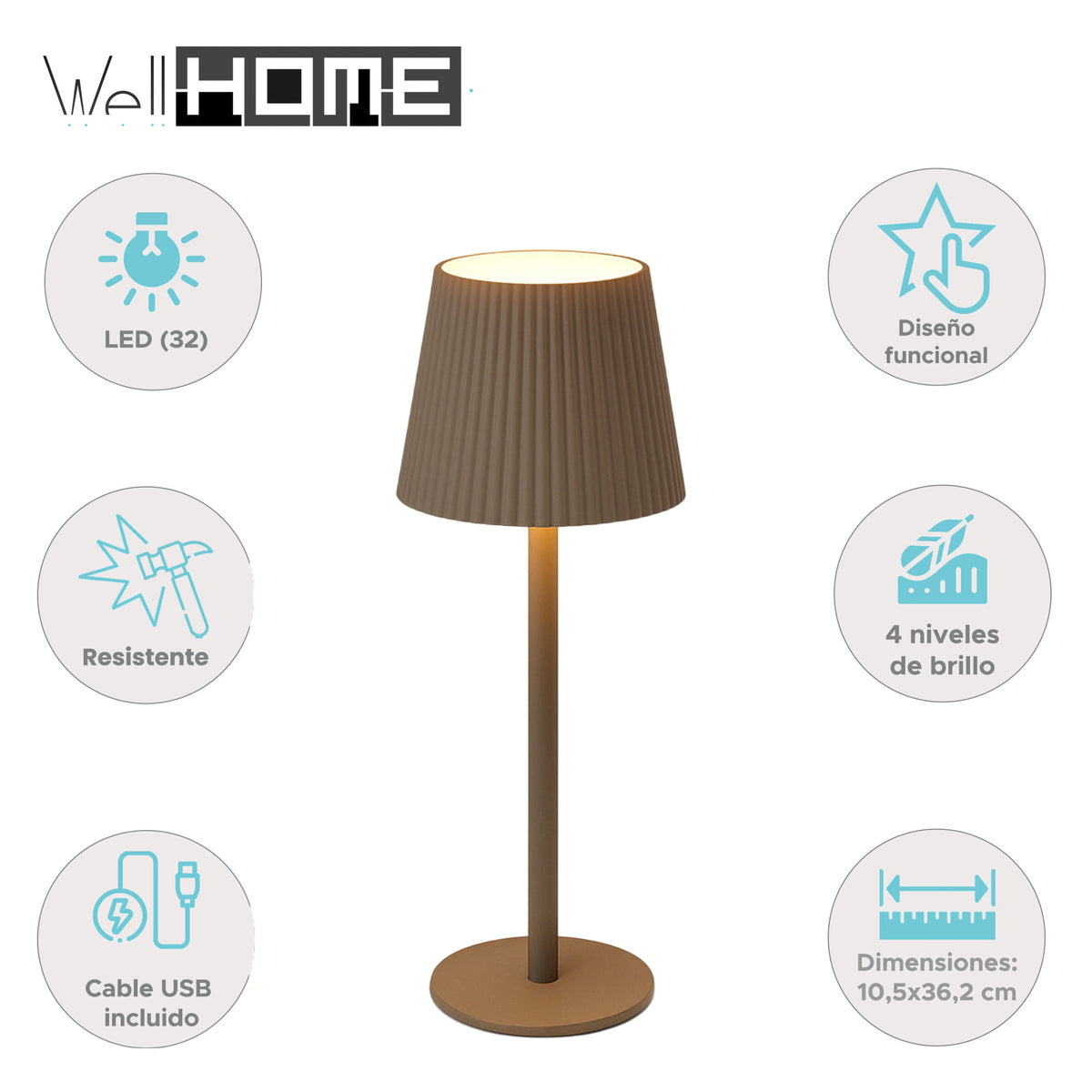 Lámpara de mesa LED recargable taupe 4 niveles brillo Ø10,5x36cm (2)