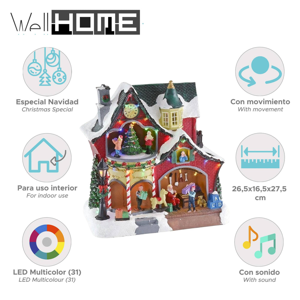 Decoración navideña taller Papá Noel 31 LED con música 26x16x27cm (2)
