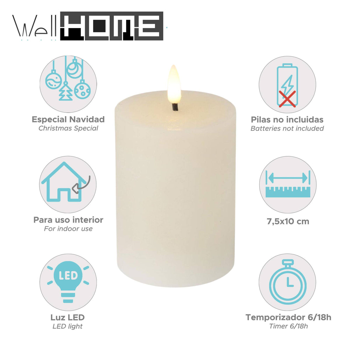 Vela LED de cera con temporizador marfil Ø7,5x10cm (2)