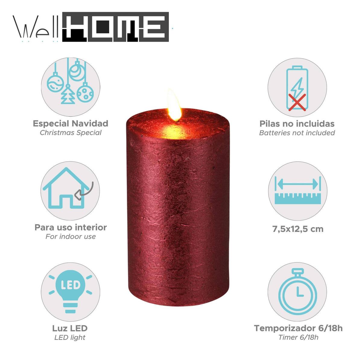 Vela LED de cera con temporizador rojo metalizado Ø7,5x12,5cm (2)