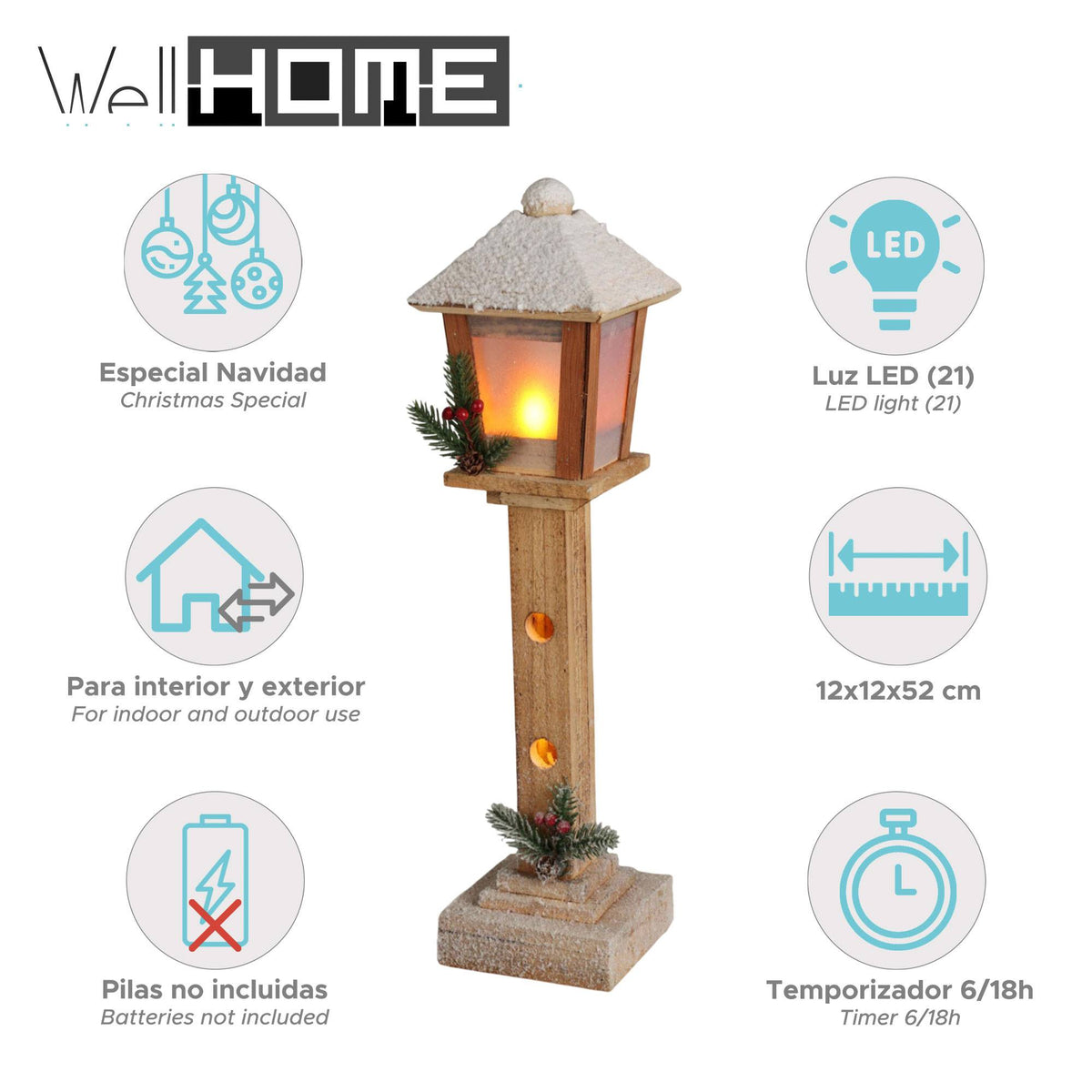 Farola madera navideña 21 LED cálidas con temporizador H52cm (2)