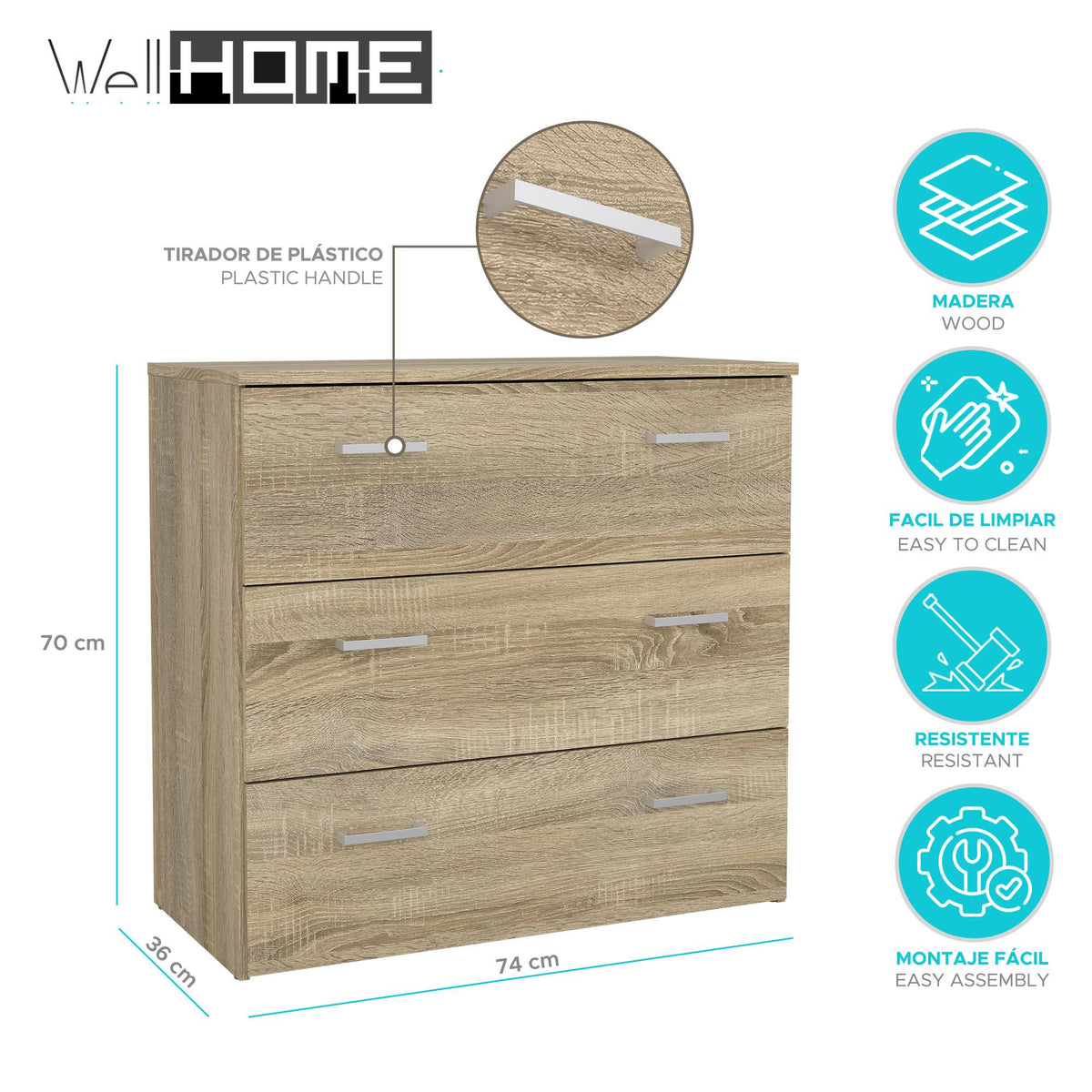 Cómoda dormitorio 3 cajones roble 75x36x70 cm (2)
