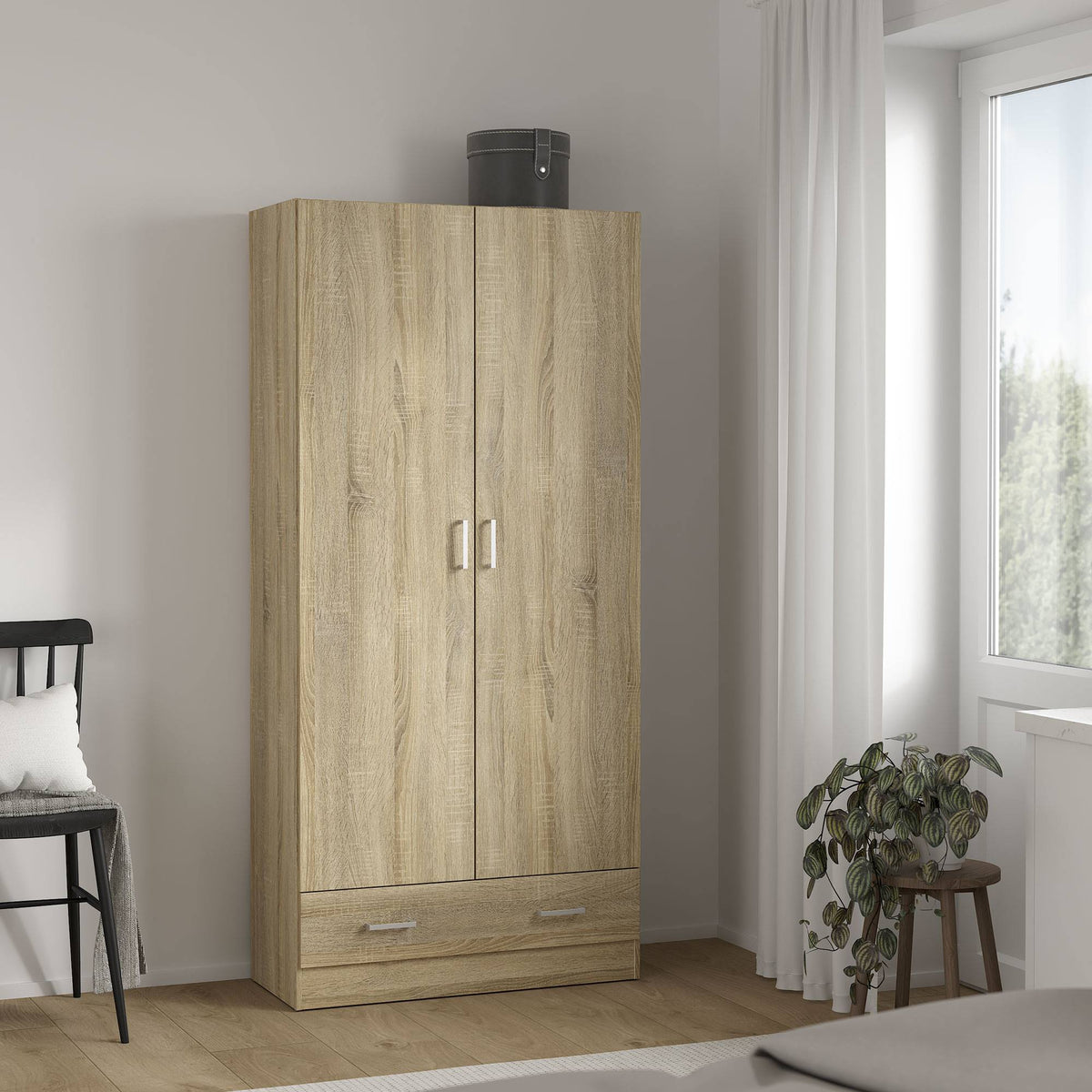 Armario ropero 2 puertas y 1 cajón melamina roble 80x36x171cm (5)