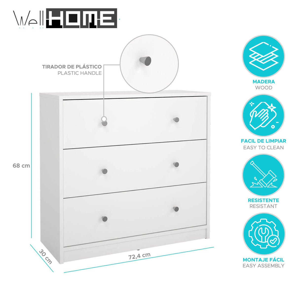 Cómoda dormitorio 3 cajones blanco 73x31x69 cm (2)