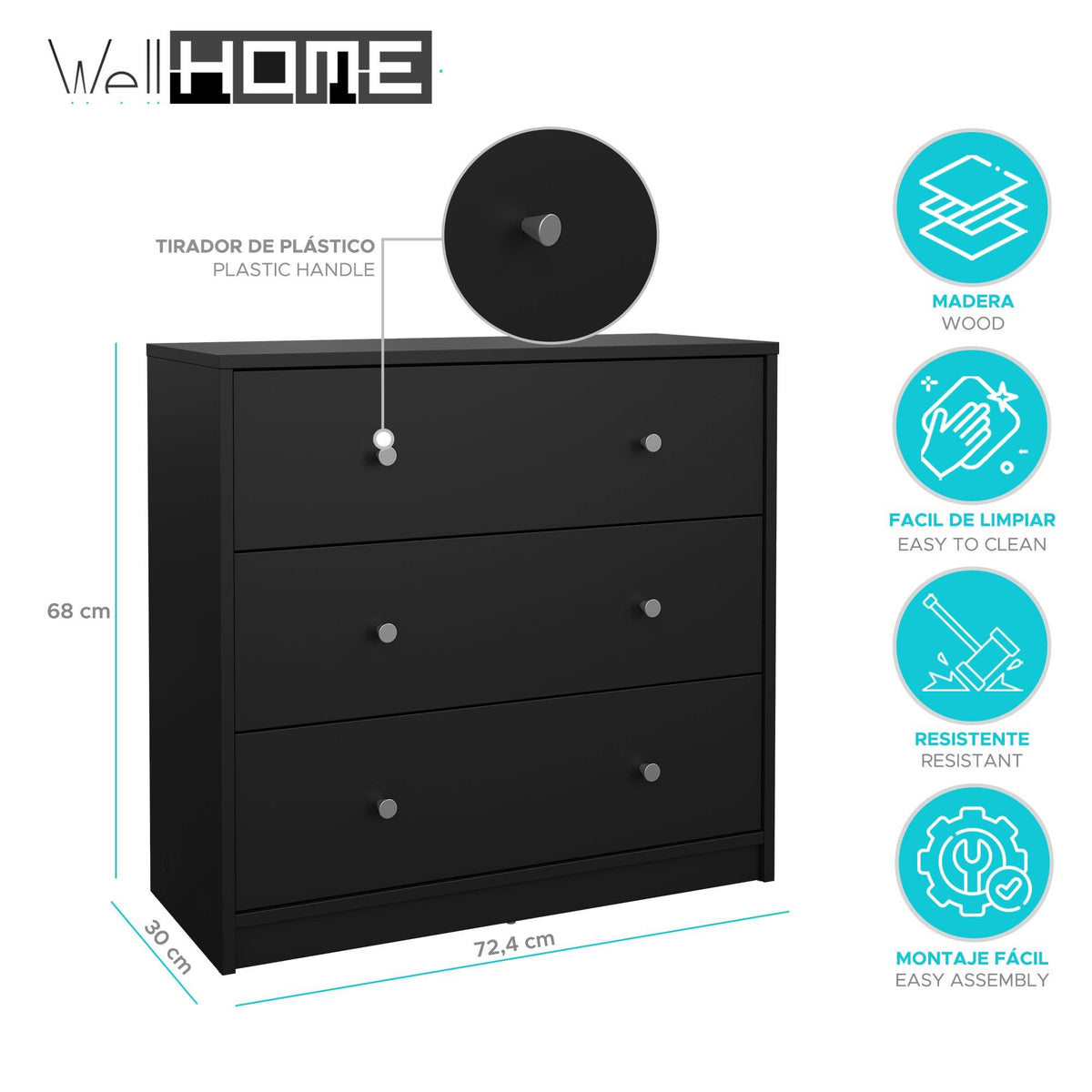 Cómoda dormitorio 3 cajones negro 73x31x69 cm (2)