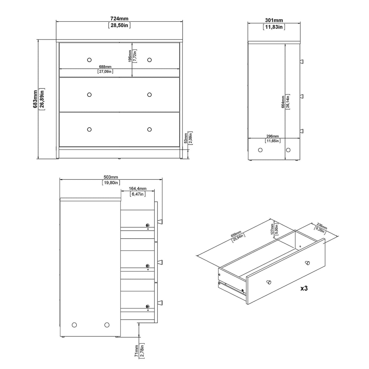 Cómoda dormitorio 3 cajones negro 73x31x69 cm (3)