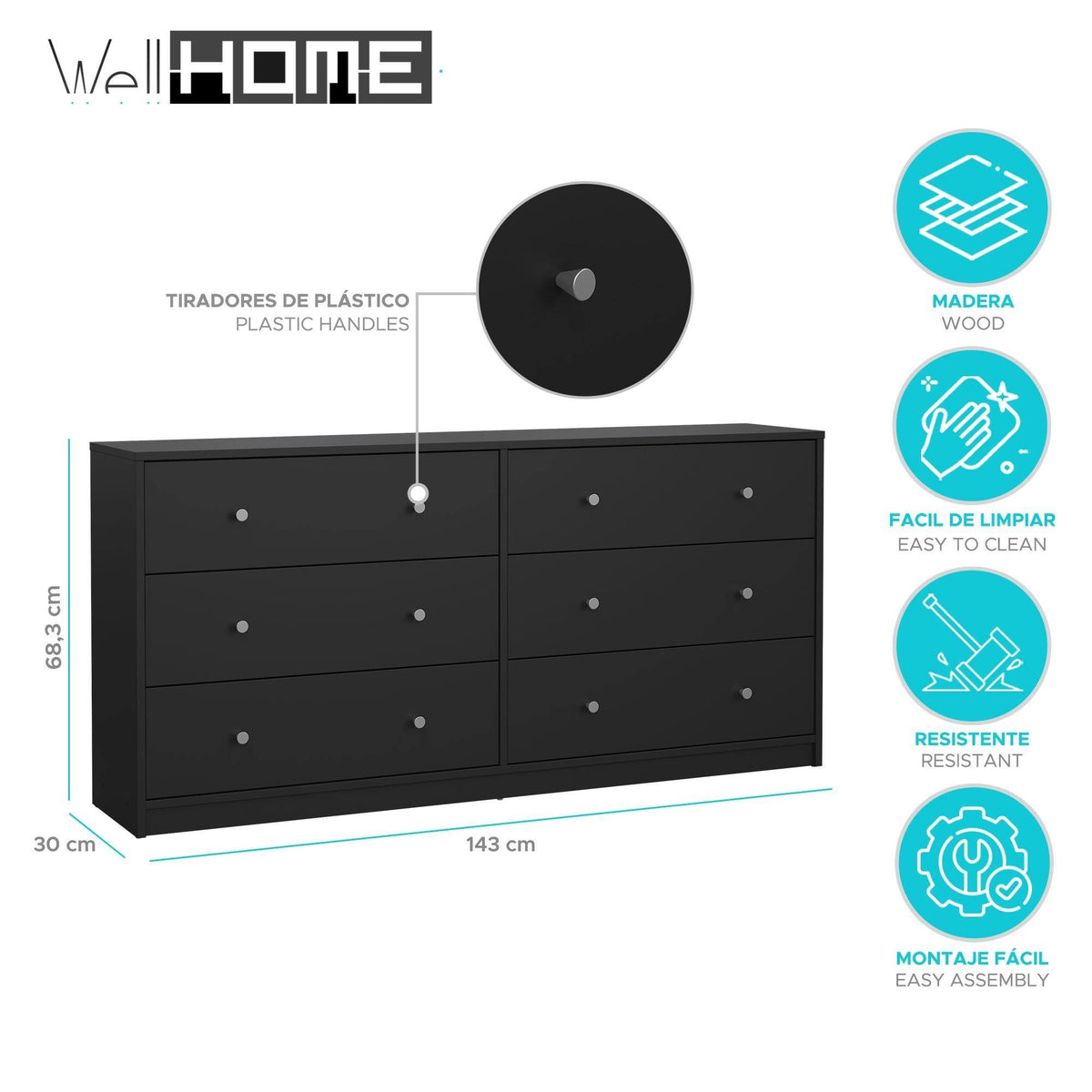 Aparador doble 6 cajones melamina negro 144x31x69cm (2)