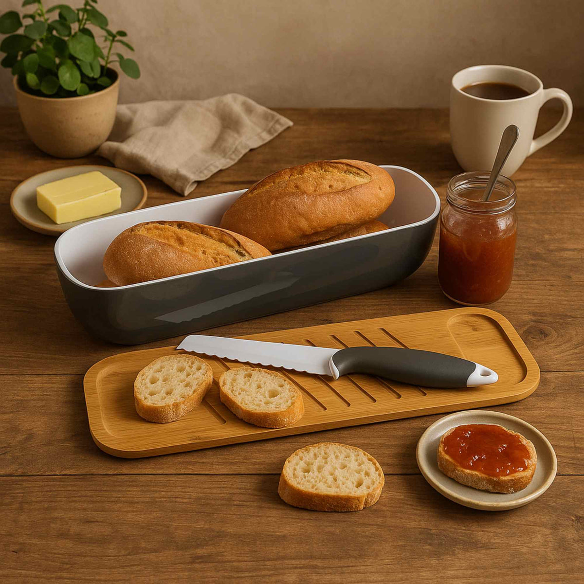 Panera de bambú con cuchillo diseño bicolor 40x12,5x8,5cm (4)
