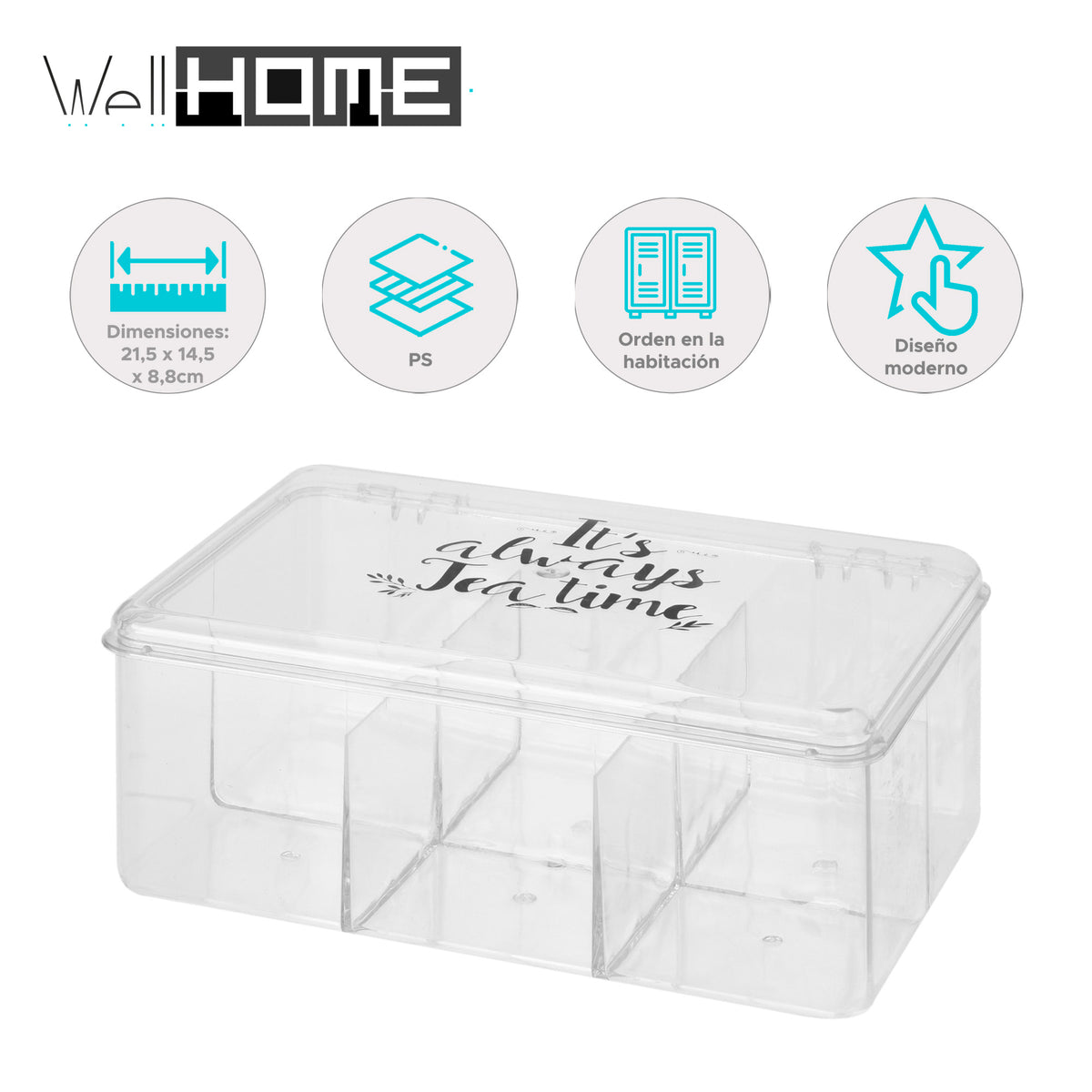 Caja de té PS transparente 6 compartimentos 21,5x14,5x8,8cm (2)