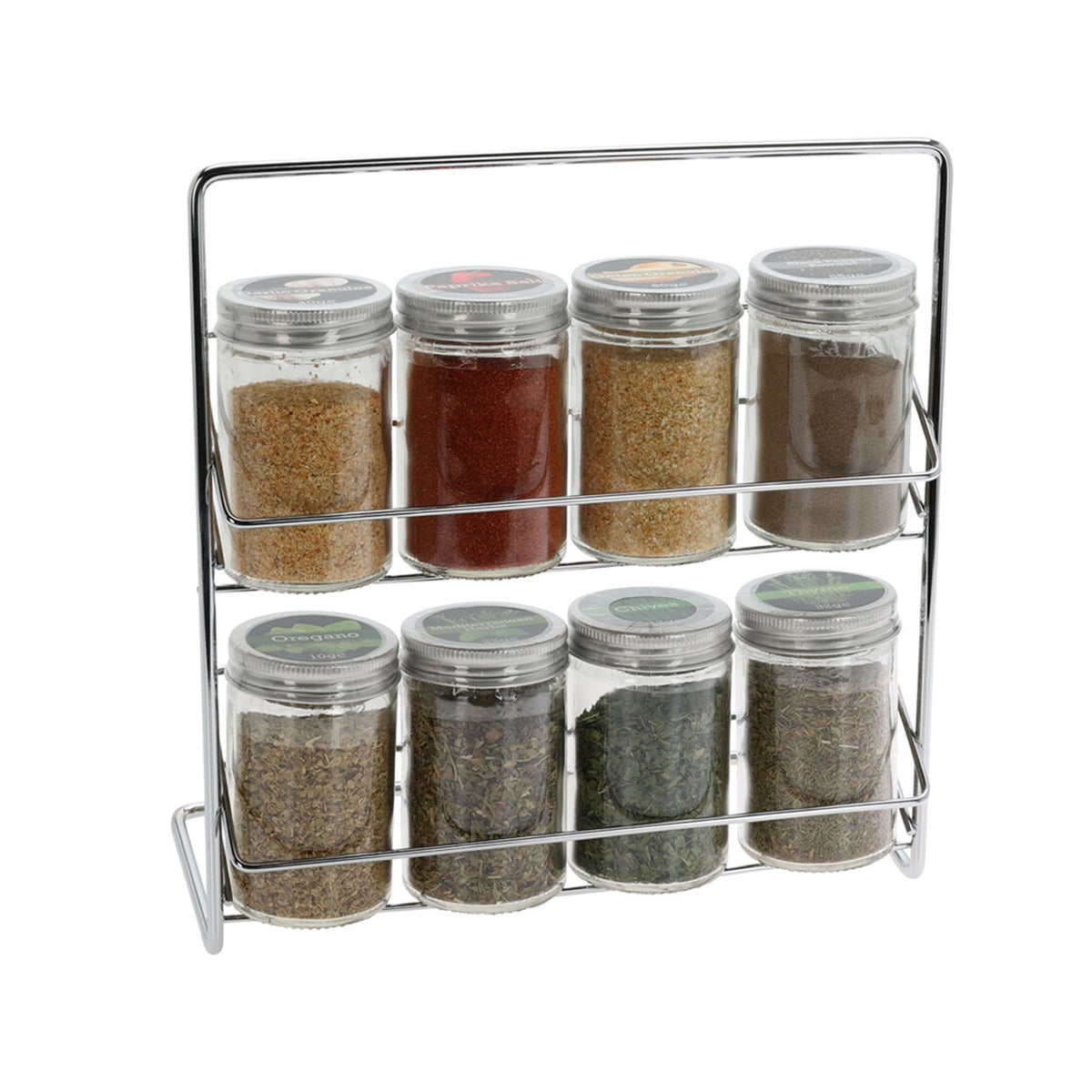 Especieros 8 botellas vidrio en soporte metálico H24cm