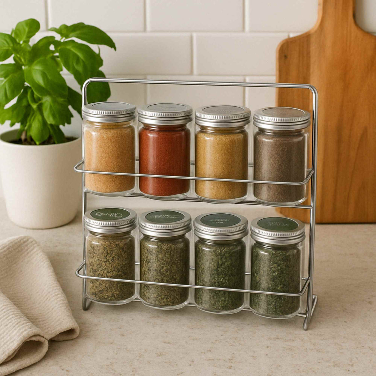 Especieros 8 botellas vidrio en soporte metálico H24cm (4)