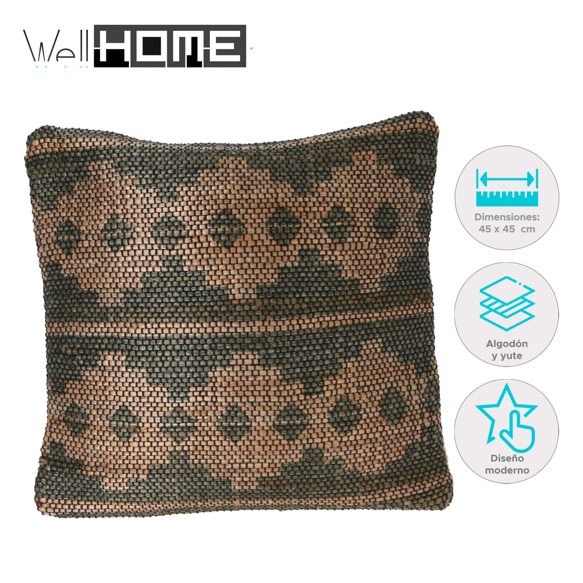 Cojín de yute y algodón verde 45x45cm decoración natural (2)