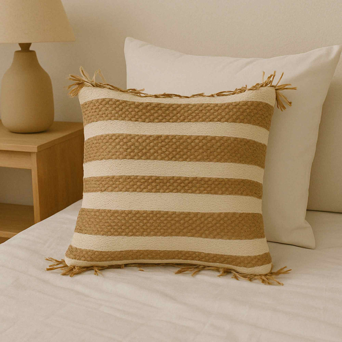 Cojín yute y algodón con flecos beige 45x45cm 400gr (4)