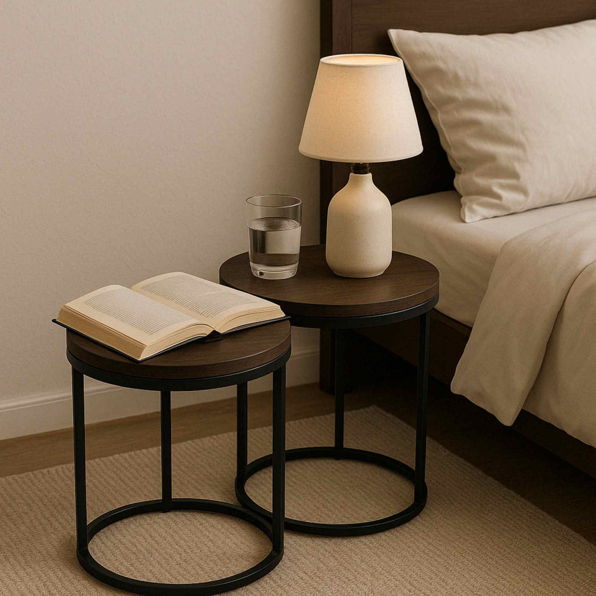 Conjunto 2 mesas redondas hierro y Paulownia Ø43-45cm (4)
