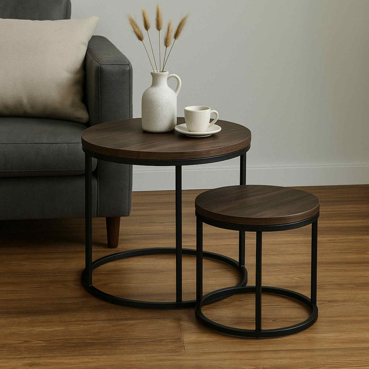 Conjunto 2 mesas de hierro con tapa paulownia quemada Ø57 y Ø50cm (4)