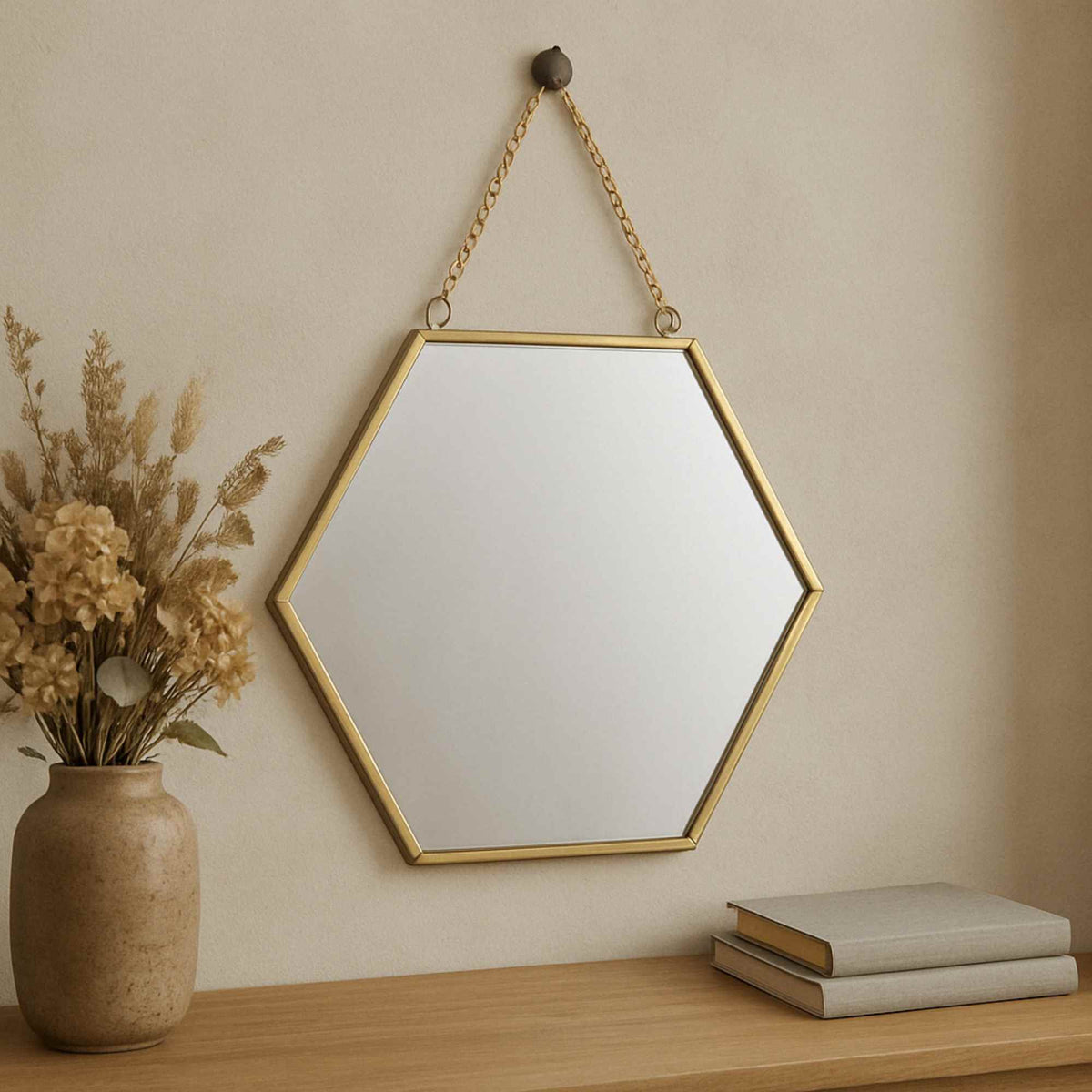 Espejo pared forma de panal metálico dorado 25cm (4)