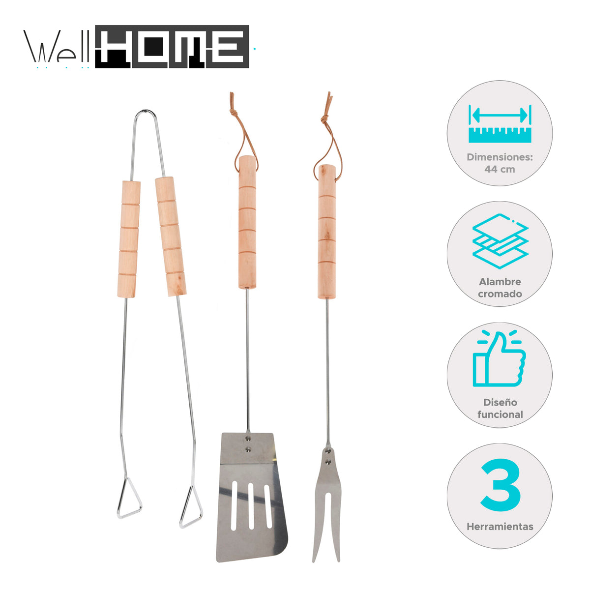 Set herramientas barbacoa acero cromado mango de madera (2)