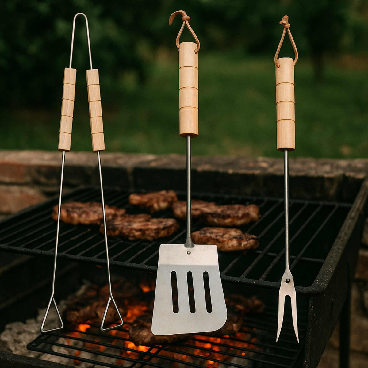 Set herramientas barbacoa acero cromado mango de madera (5)