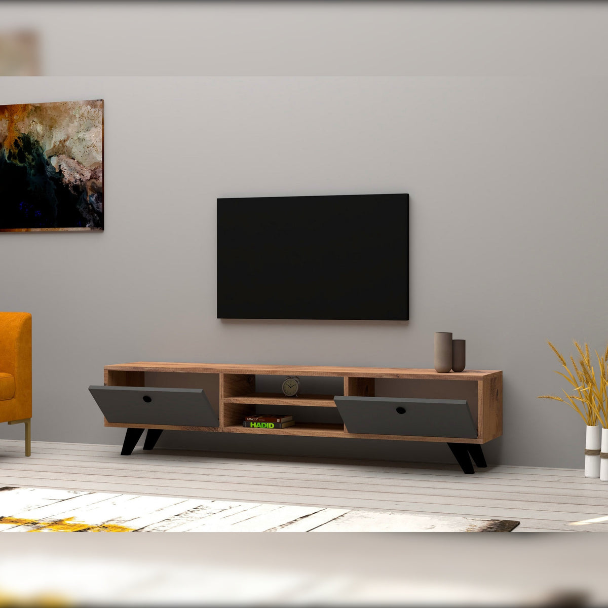 Mesa de TV melamina pino atlántico y antracita 160x30x37 cm (4)