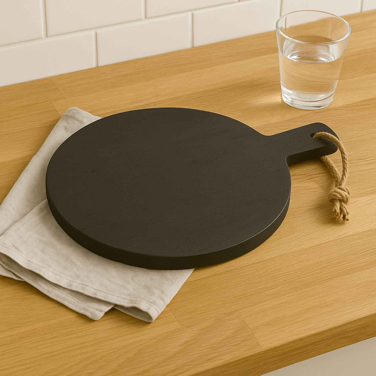 Tabla de cortar redonda con mango de madera de caucho Ø40cm (4)