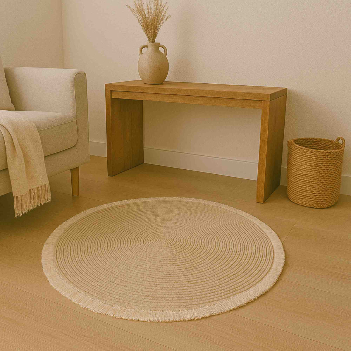 Alfombra redonda de hoja de maíz con flecos Ø80cm (3)