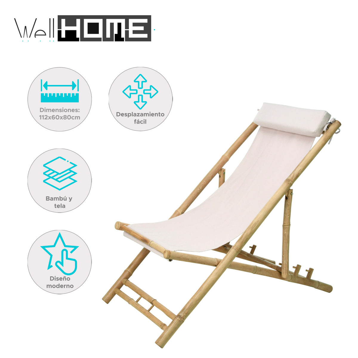 Silla de playa bambú natural con almohada tela blanca (2)