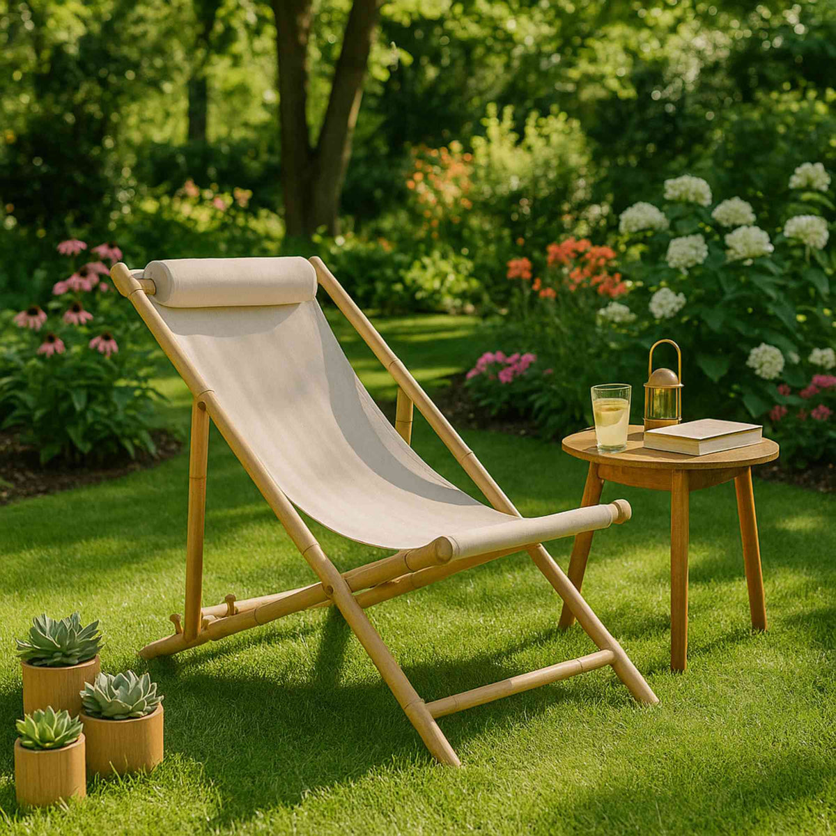 Silla de playa bambú natural con almohada tela blanca (3)