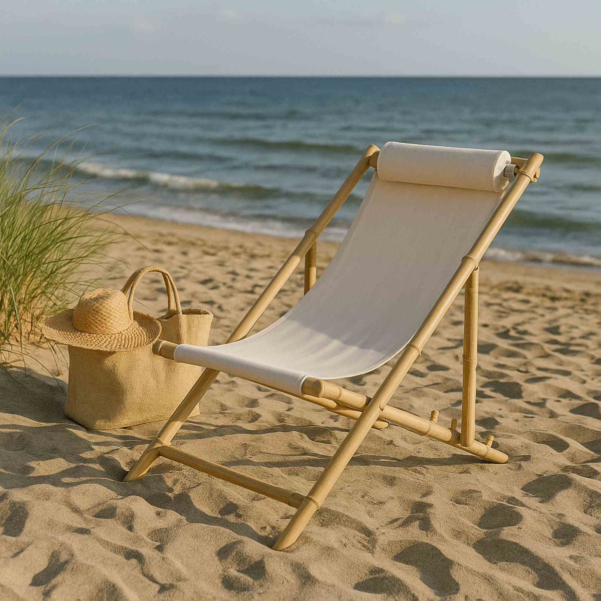 Silla de playa bambú natural con almohada tela blanca (4)
