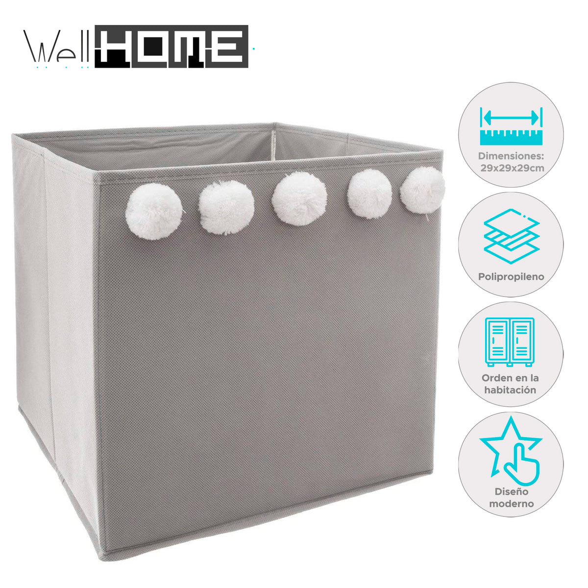 Caja de almacenamiento infantil con pompones gris 30x29x29cm (2)