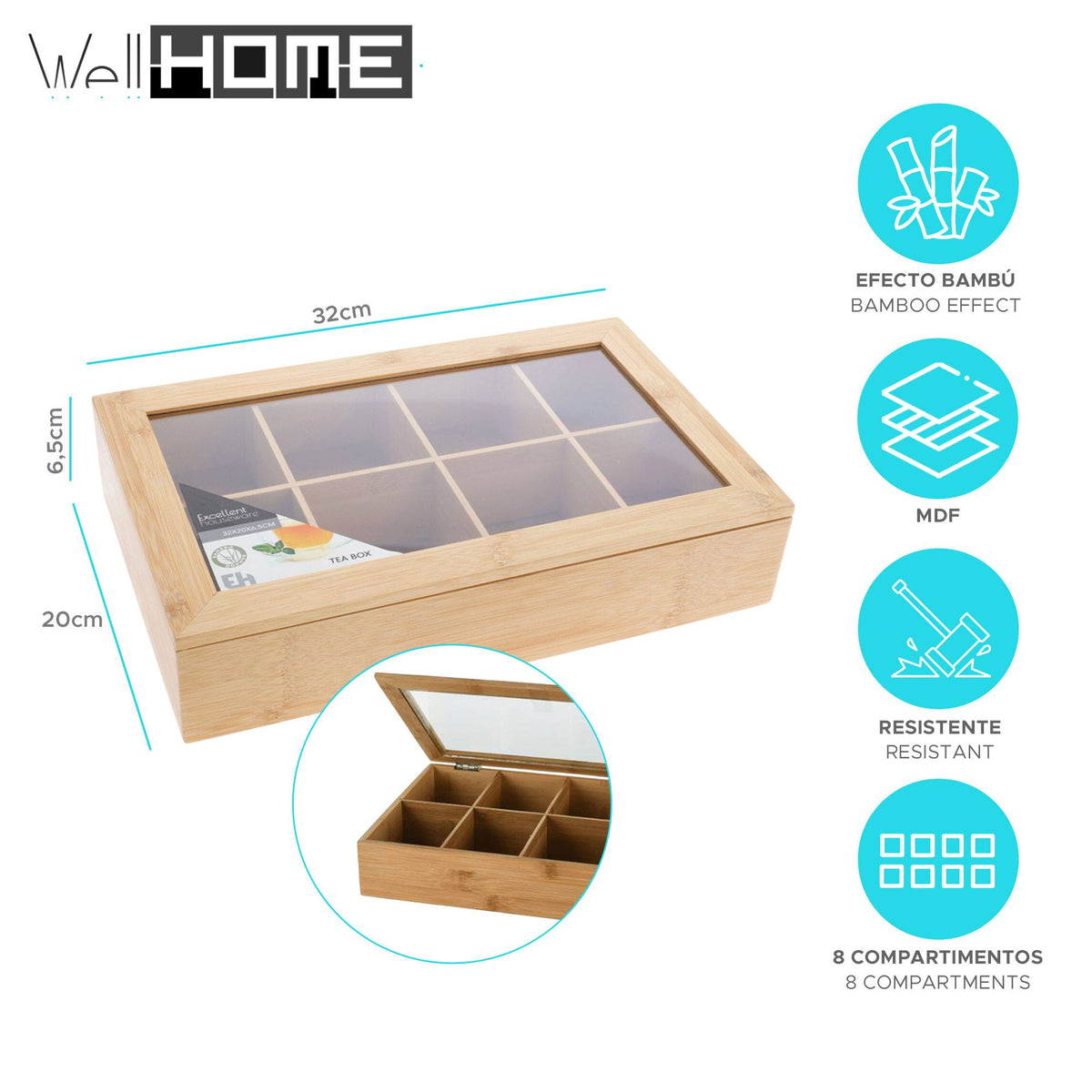 Organizador de té de bambú 8 compartimentos diseño natural (2)