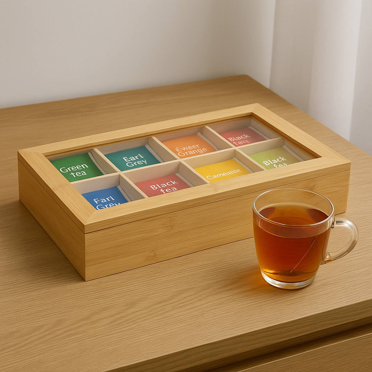 Organizador de té de bambú 8 compartimentos diseño natural (3)