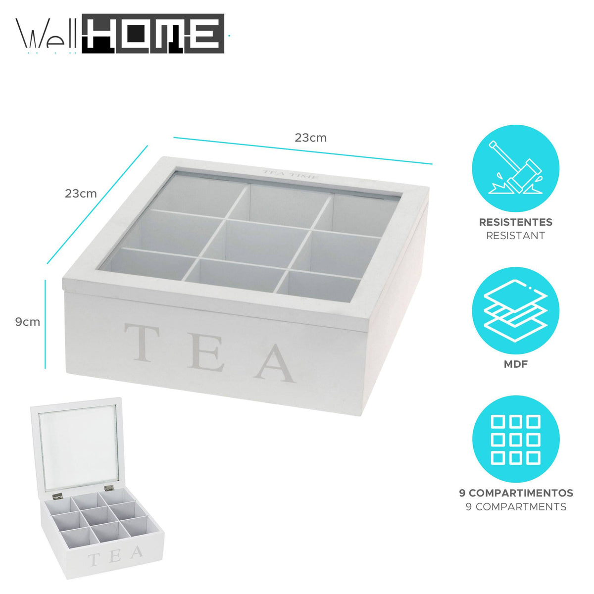Caja de té MDF 9 compartimentos 23x23x9cm blanco (2)