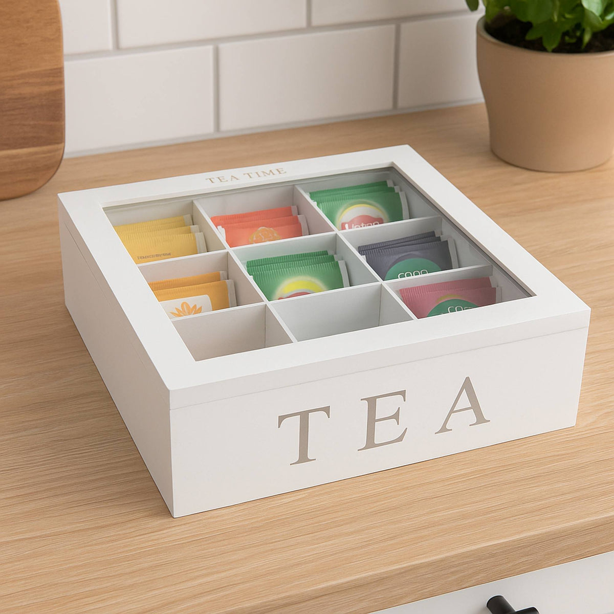 Caja de té MDF 9 compartimentos 23x23x9cm blanco (3)