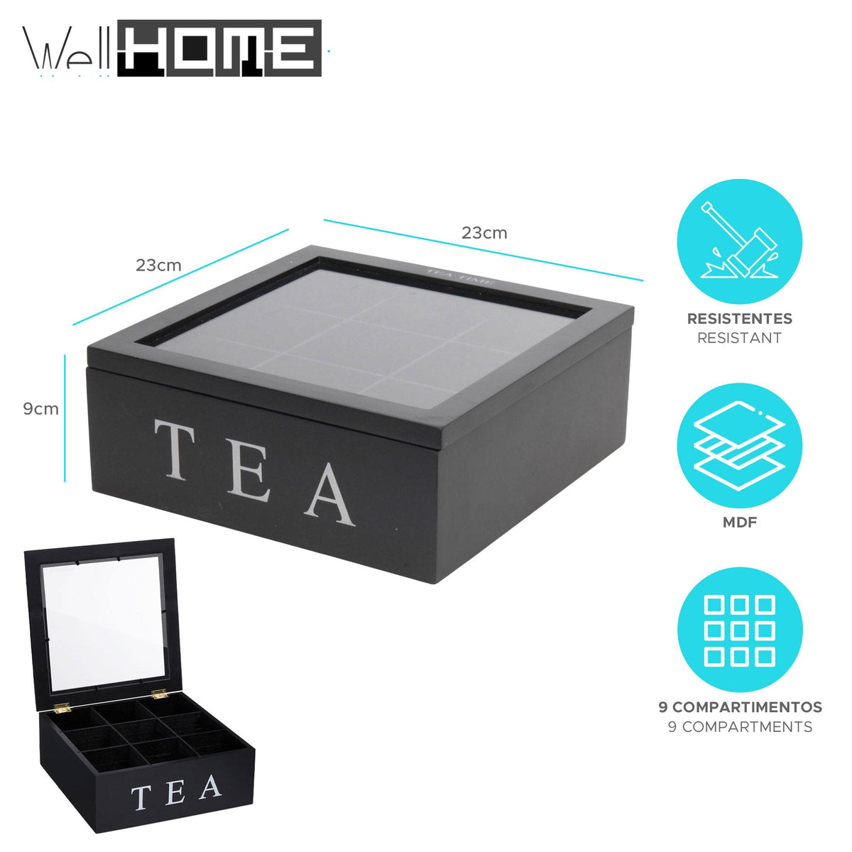 Caja de té MDF 9 compartimentos 23x23x9cm negro (2)