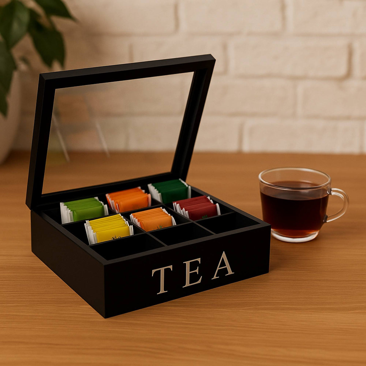 Caja de té MDF 9 compartimentos 23x23x9cm negro (3)