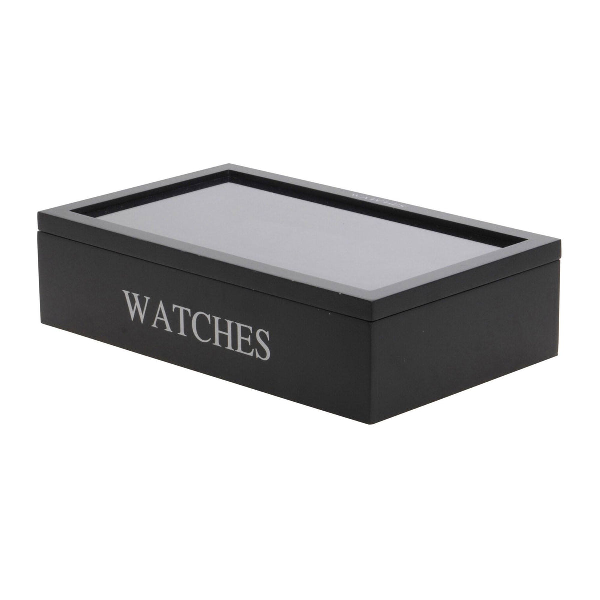 Caja MDF para 12 relojes 34x20x8,5cm negro con impresión plateada