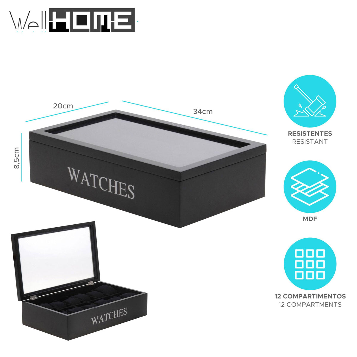Caja MDF para 12 relojes 34x20x8,5cm negro con impresión plateada (2)