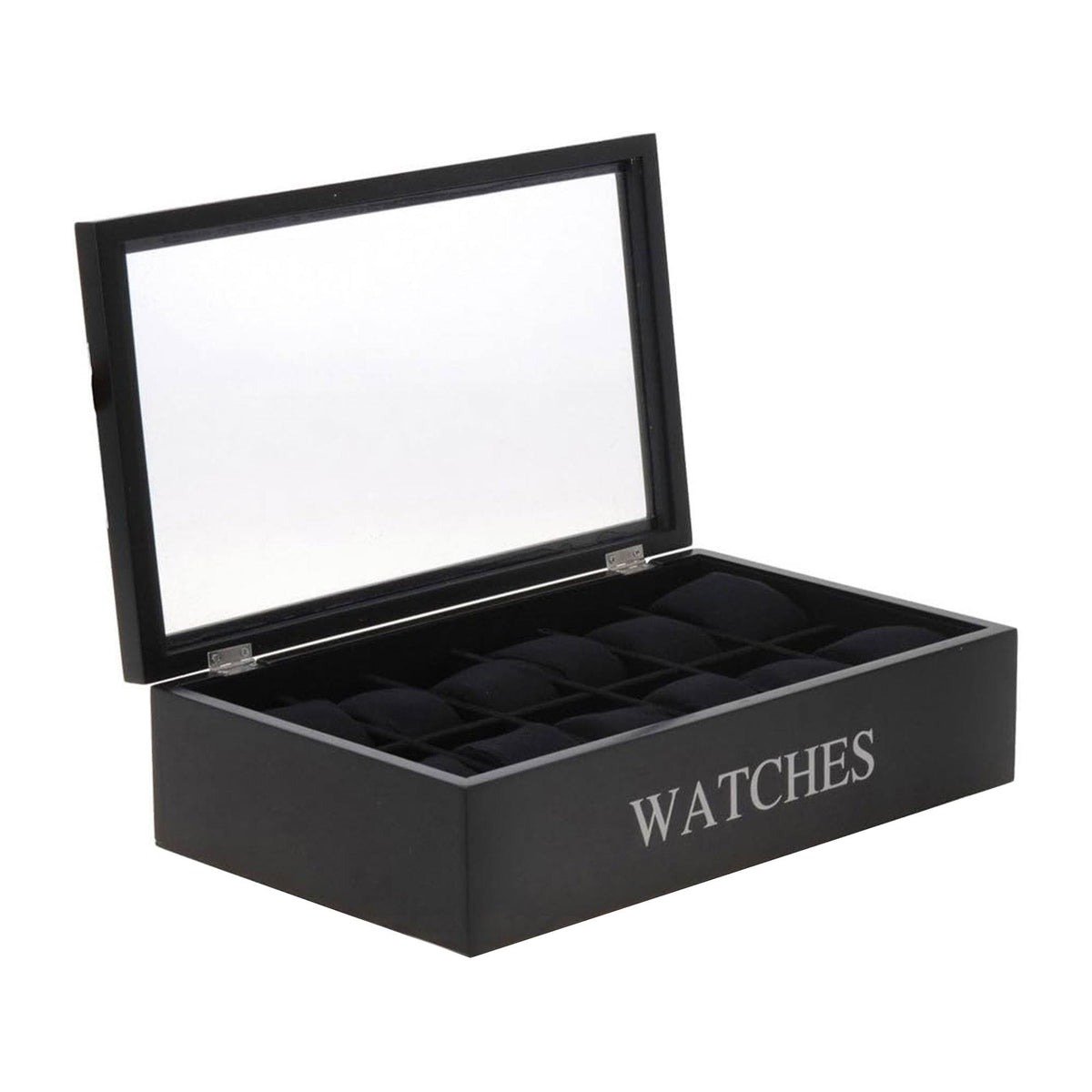Caja MDF para 12 relojes 34x20x8,5cm negro con impresión plateada (3)
