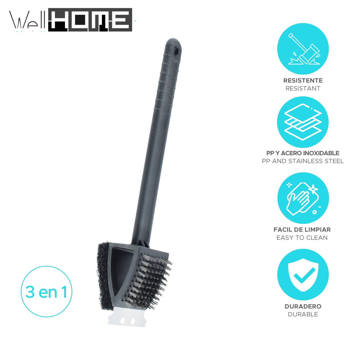 Set cepillo barbacoa 3 en 1 acero inoxidable y PP negro (2)
