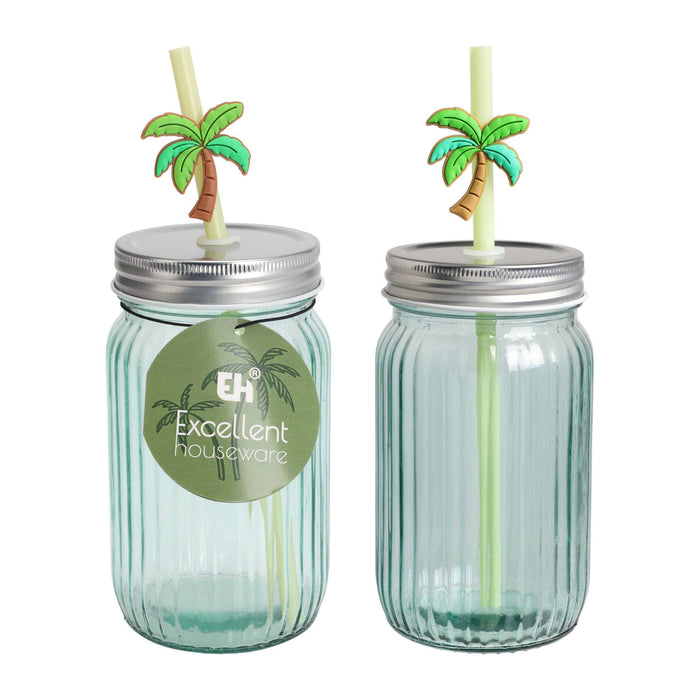 Vaso vidrio con tapa y pajita 450ml diseño Palm verde