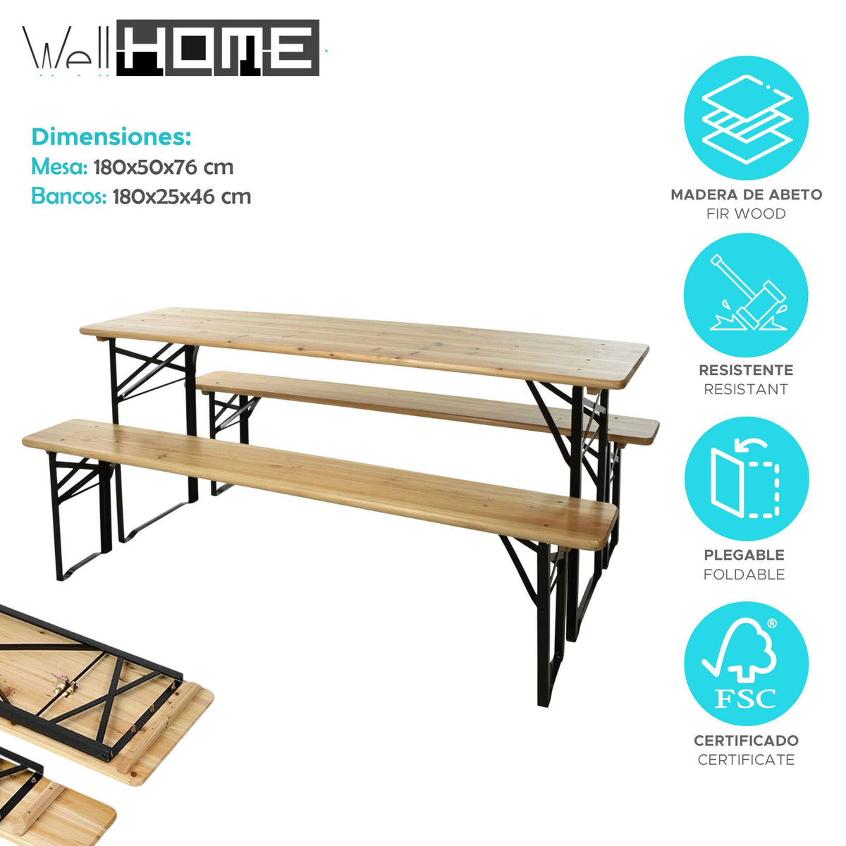 Juego de mesa de jardín madera 100% abeto con patas de metal (2)