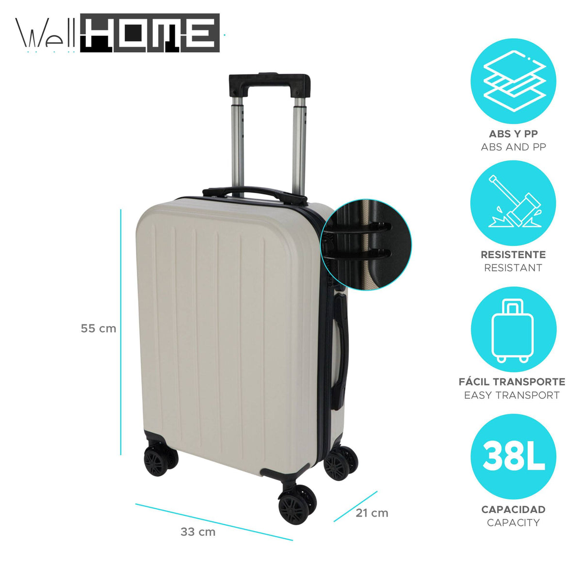 Maleta 20'' 38L ABS Blanca 4 ruedas negras 55x33x21cm (2)