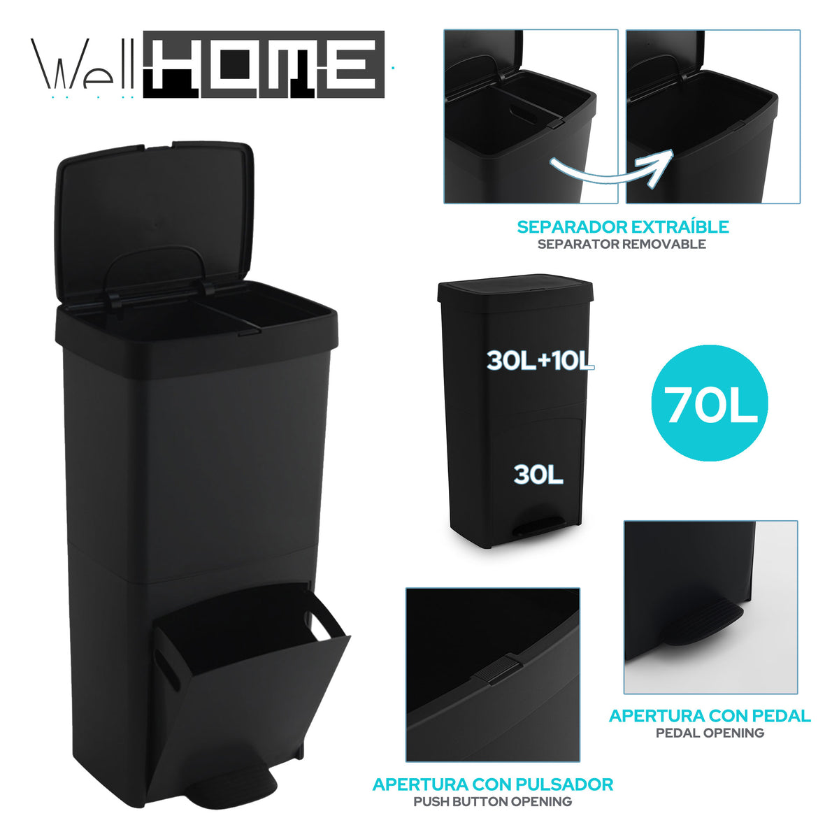 Cubo reciclaje 70L 2 compartimentos vertical Negro 76cm (2)