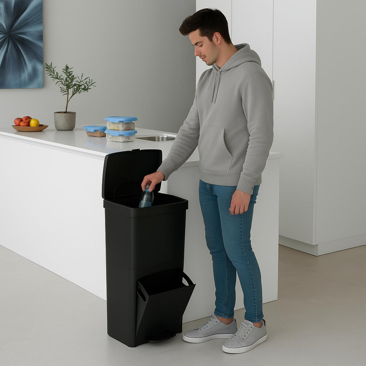 Cubo reciclaje 70L 2 compartimentos vertical Negro 76cm (3)