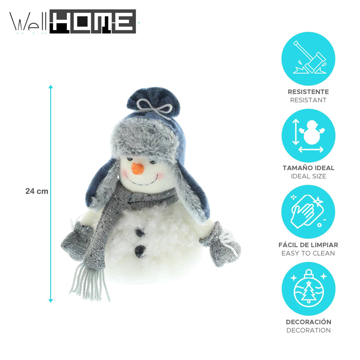 Muñeco de nieve decorativo con prendas azules Navidad H.24cm (2)