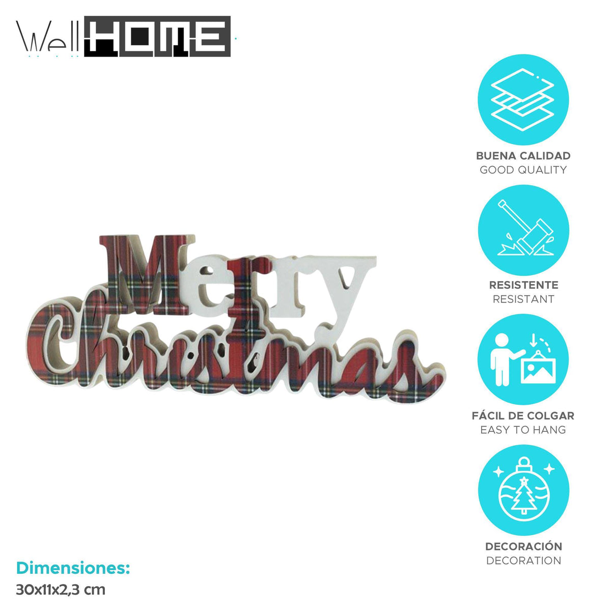 Letrero decorativo Merry Christmas diseño vichy rojo (2)